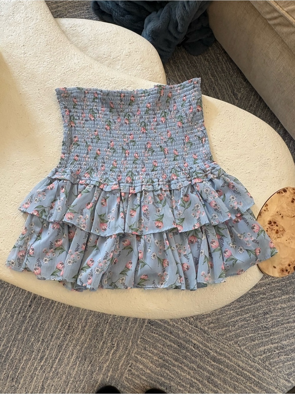 Smocked Ruffle Mini Skirt - Light Blue Floral
